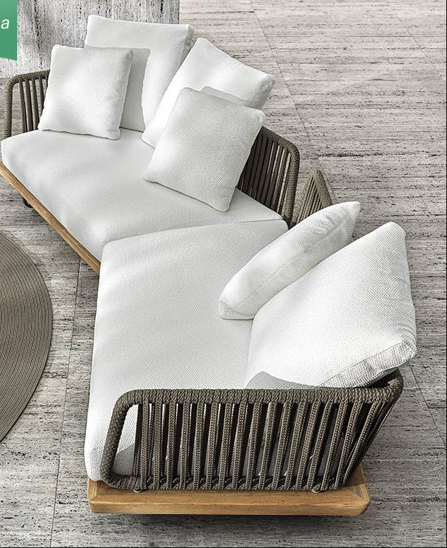 Buy farmhouse furniture Aegean Sea Teak & Rattan Outdoor Sofa | Mediterranean Coastal Indoor Outdoor Lounge - Modern Cottage Farmhouse Furniture