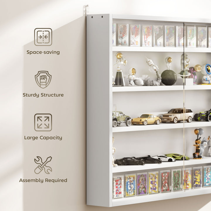 5-Tier Display Cabinet, Wall-Mounted Display Case With 2 Glass Doors And Adjustable Shelves, White - Modern Cottage Farmhouse Furniture