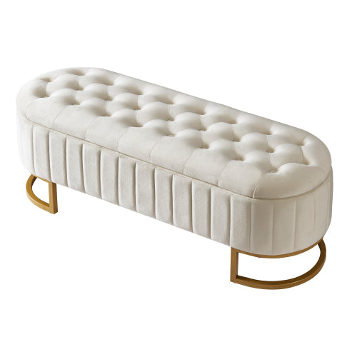 The Marbella Mediterranean Farmhouse Button-Tufted Velvet Storage Ottoman Bench – Beige Upholstered Bench Seat with Metal Legs - Mediterranean Italian Contemporary Home Decor Furniture