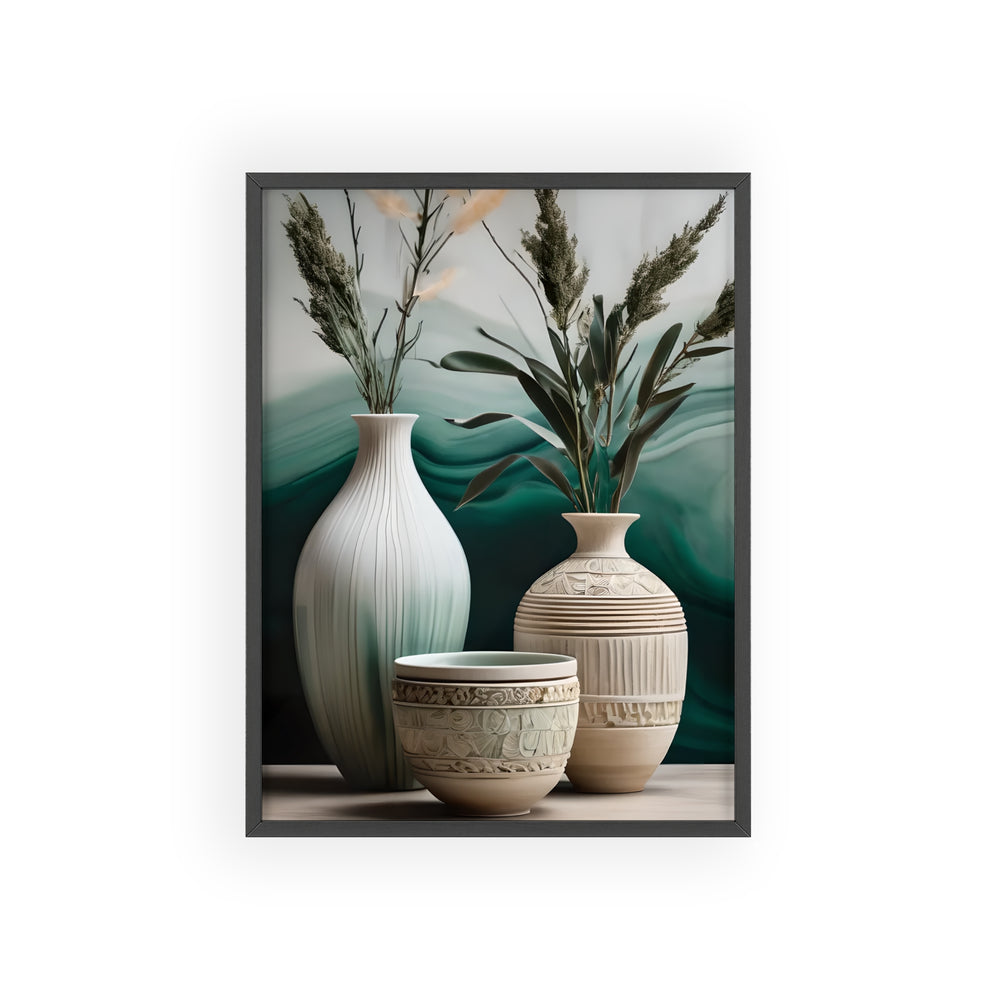 Boho Aesthetic Sage Bowls Poster with Wooden Frame Curated By Artisan & Blooms | Biophilic Design Airbnb Decor Furniture 