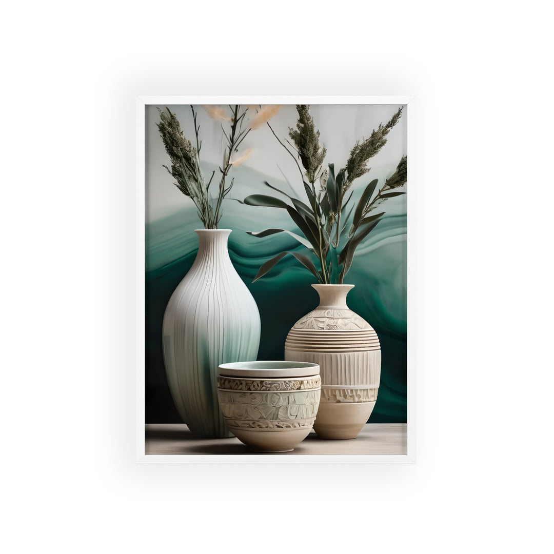 Boho Aesthetic Sage Bowls Poster with Wooden Frame Curated By Artisan & Blooms | Biophilic Design Airbnb Decor Furniture 