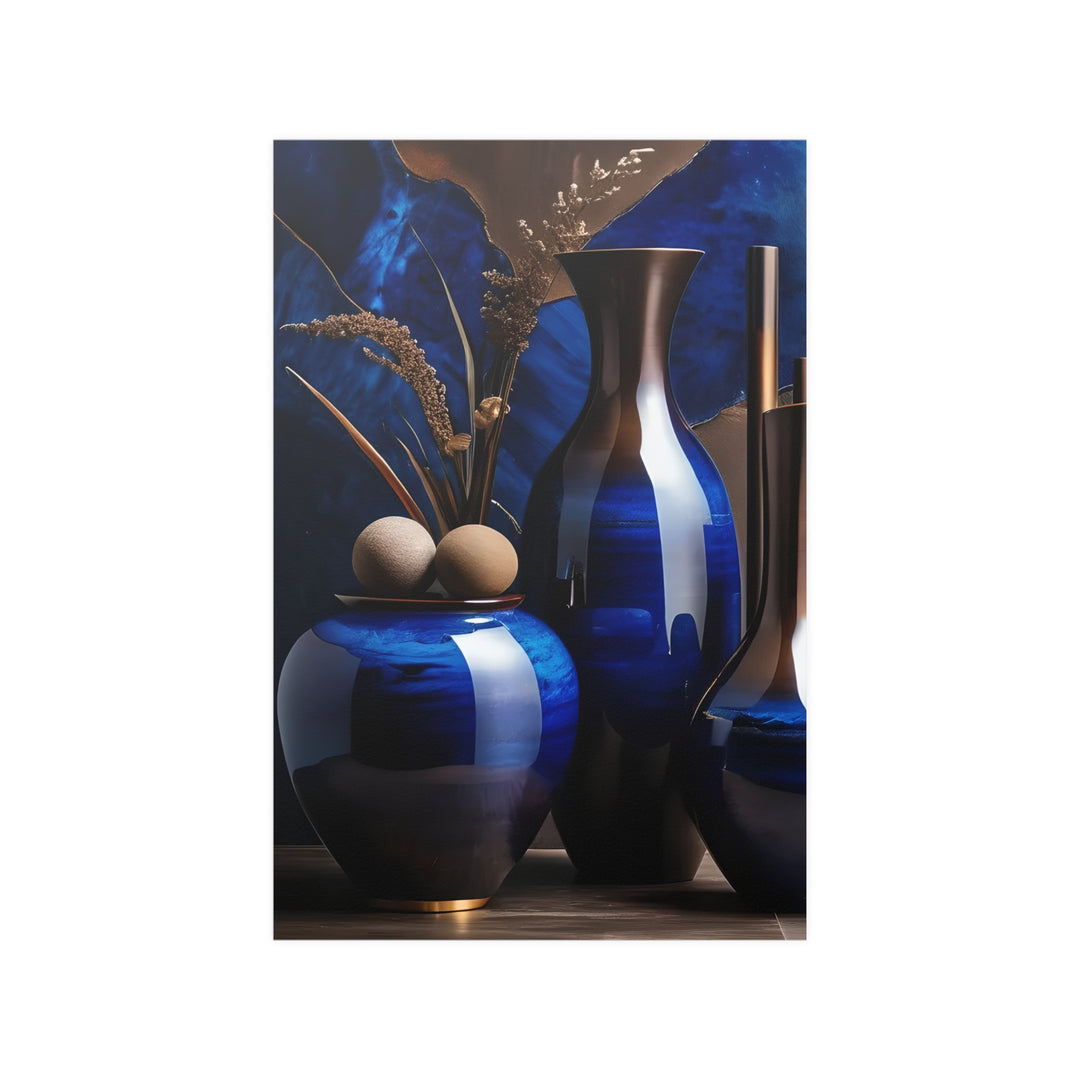 Boho Aesthetic Blue Bowls Gloss Satin Poster Curated By Artisan & Blooms | Biophilic Design Airbnb Decor Furniture 