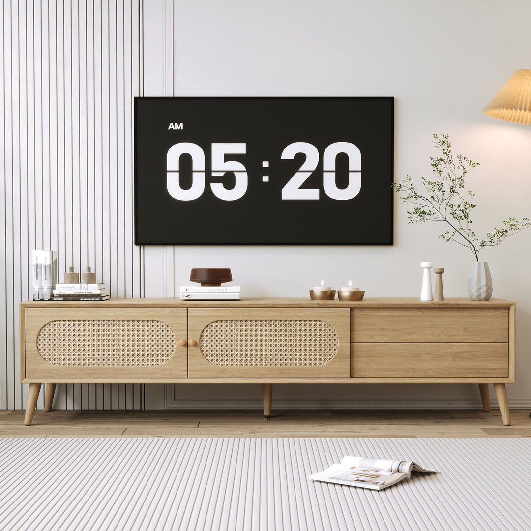 Buy farmhouse furniture Boho Farmhouse TV Stand | Media Console with Solid Wood Legs, Fits up to 80" - Modern Cottage Farmhouse Furniture