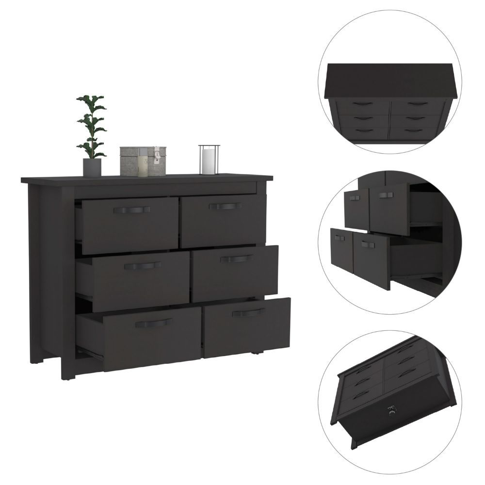Boho Aesthetic Galena Six Drawer Double Dresser, Four Legs, Metal Handle | Biophilic Design Airbnb Decor Furniture 