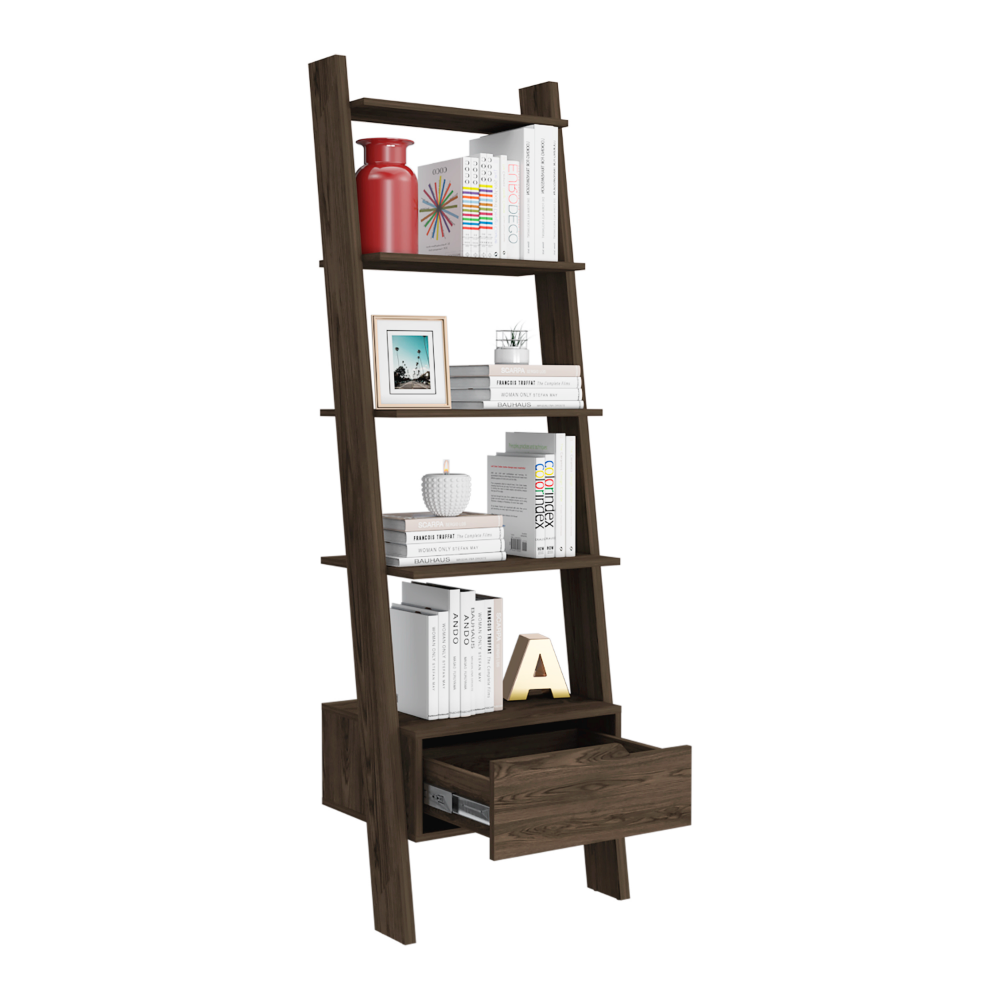 Boho Aesthetic Kobe Ladder Bookcase, One Drawer, Five Open Shelves | Biophilic Design Airbnb Decor Furniture 