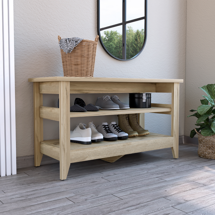 Boho Aesthetic Mason Storage Bench, Two Open Shelves | Biophilic Design Airbnb Decor Furniture 