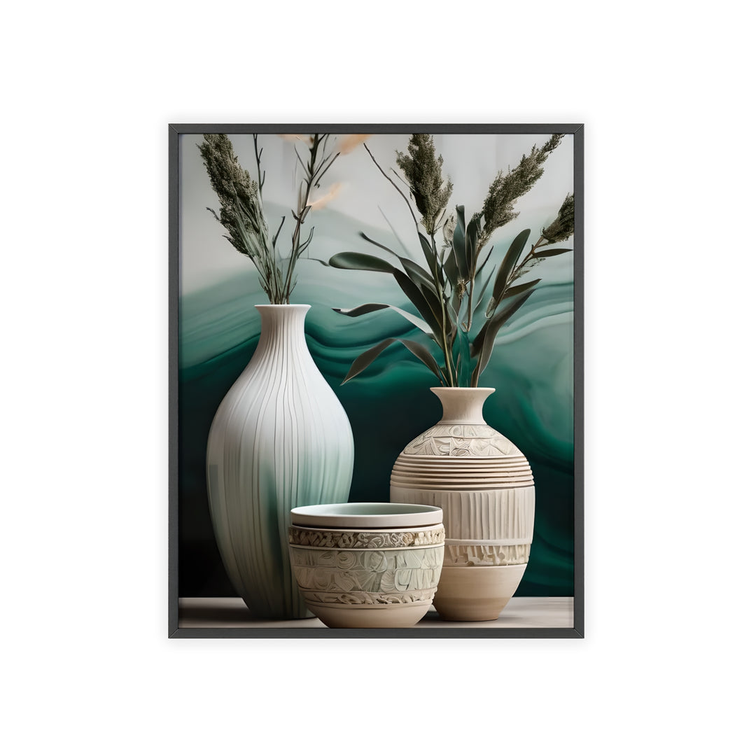 Boho Aesthetic Sage Bowls Poster with Wooden Frame Curated By Artisan & Blooms | Biophilic Design Airbnb Decor Furniture 