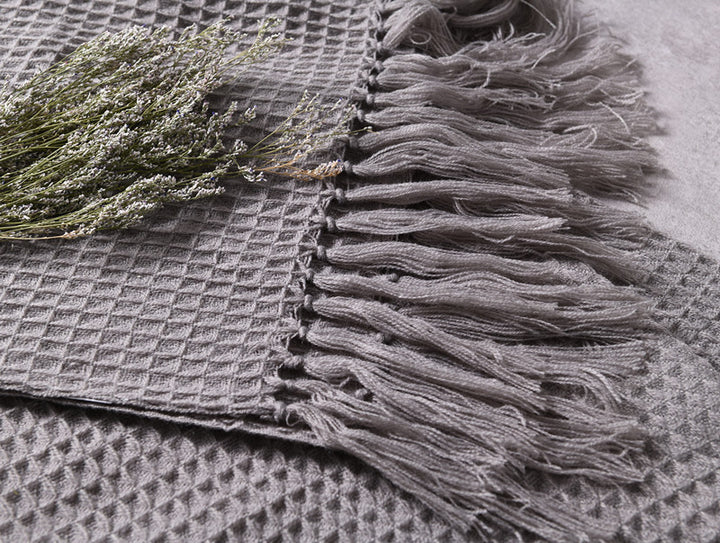 Buy farmhouse furniture Beige Textured Modern Farmhouse Tassel Throw Blanket - Modern Cottage Farmhouse Furniture