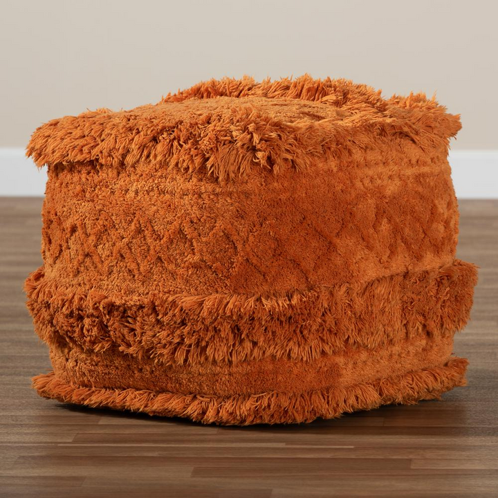 Boho Aesthetic Curlew Moroccan Inspired Orange Handwoven Cotton Pouf Ottoman | Biophilic Design Airbnb Decor Furniture 