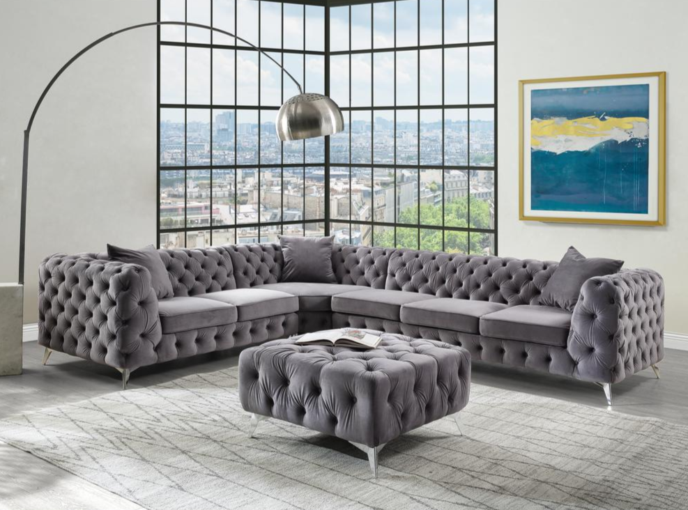 Boho Aesthetic Wugtyx | Sectional Sofa w/3 Pillows,  Dark Gray Velvet | Biophilic Design Airbnb Decor Furniture 