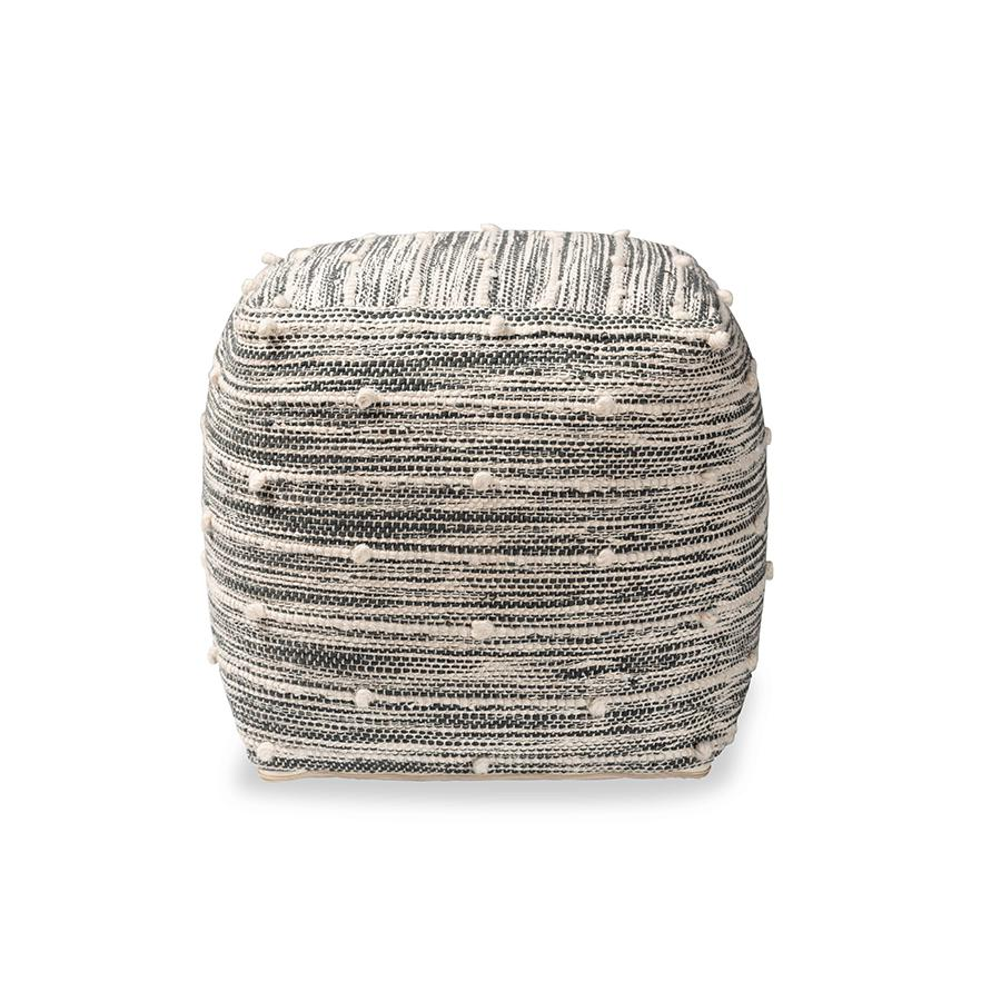 Boho Aesthetic Macaco Moroccan Inspired Dark Grey and Ivory Handwoven Cotton Blend Pouf Ottoman | Biophilic Design Airbnb Decor Furniture 