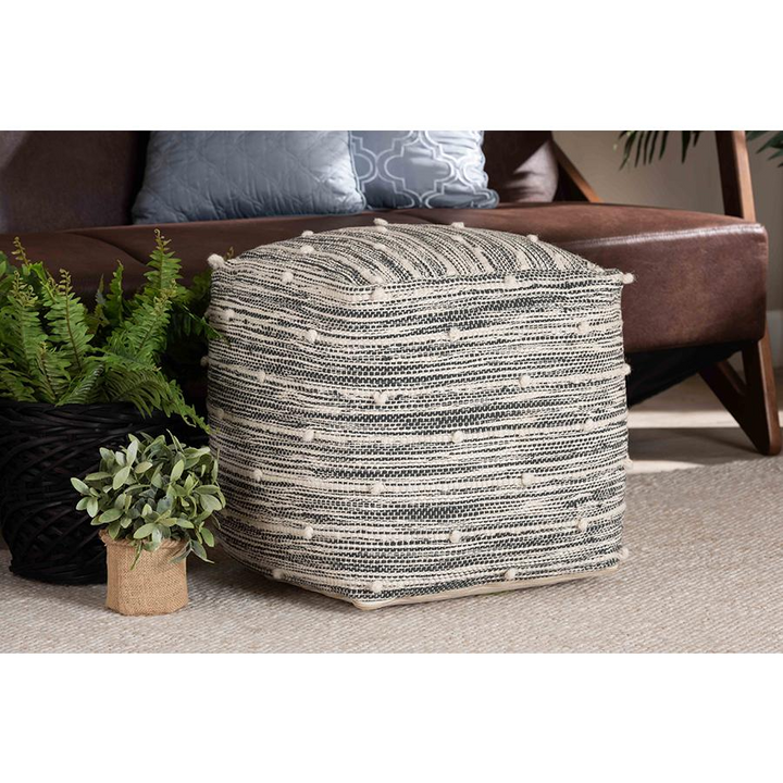Boho Aesthetic Macaco Moroccan Inspired Dark Grey and Ivory Handwoven Cotton Blend Pouf Ottoman | Biophilic Design Airbnb Decor Furniture 
