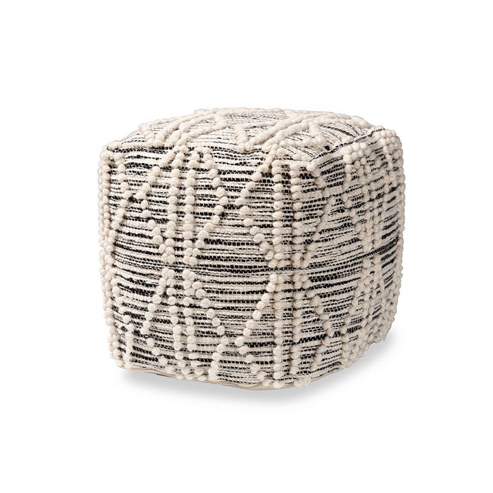 Boho Aesthetic Sentir Moroccan Inspired Ivory and Black Handwoven Wool Blend Pouf Ottoman | Biophilic Design Airbnb Decor Furniture 