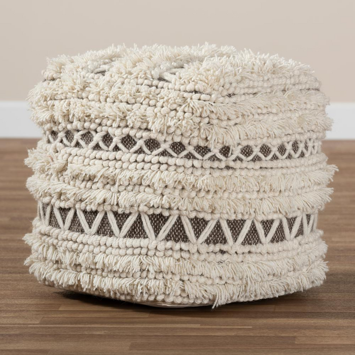 Boho Aesthetic Vesey Moroccan Inspired Beige and Brown Handwoven Wool Pouf Ottoman | Biophilic Design Airbnb Decor Furniture 