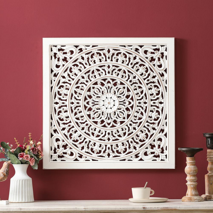 Boho Aesthetic White Wood Square Floral-Patterned Wall Decor | Biophilic Design Airbnb Decor Furniture 