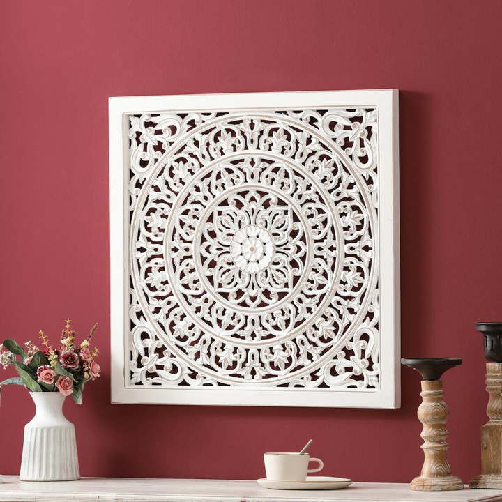 Boho Aesthetic White Wood Square Floral-Patterned Wall Decor | Biophilic Design Airbnb Decor Furniture 