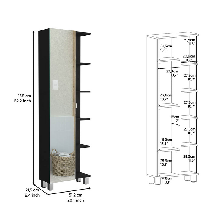 Boho Aesthetic Venus Mirror Linen Single Door Cabinet, Five External Shelves, Four Interior Shelves | Biophilic Design Airbnb Decor Furniture 