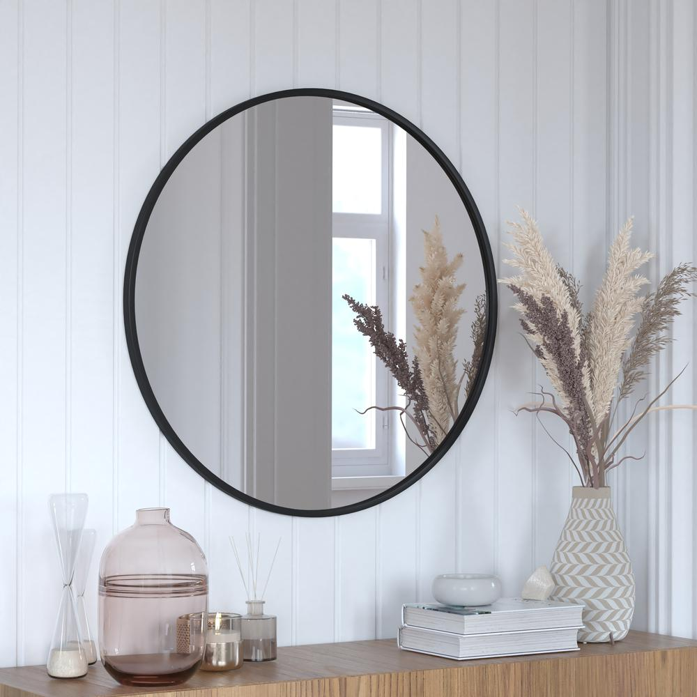 Boho Aesthetic Julianne 30" Round Black Metal Framed Wall Mirror - Large Accent Mirror for Bathroom, Vanity, Entryway, Dining Room, & Living Room | Biophilic Design Airbnb Decor Furniture 