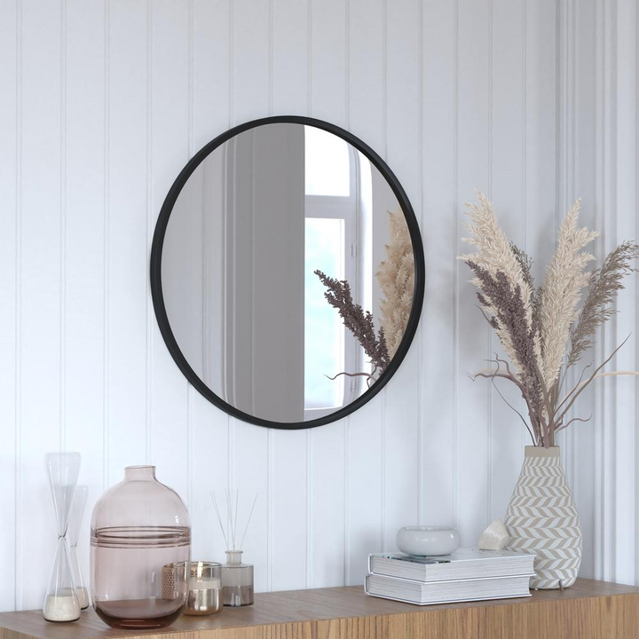 Boho Aesthetic Julianne 24" Round Black Metal Framed Wall Mirror - Large Accent Mirror for Bathroom, Vanity, Entryway, Dining Room, & Living Room | Biophilic Design Airbnb Decor Furniture 