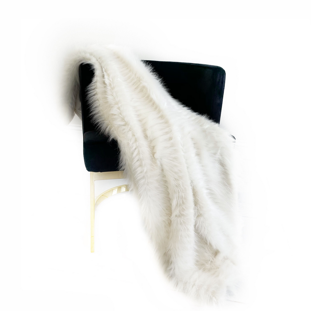Boho Aesthetic Plutus Off White Exotic Ostrich Feather Faux Fur Luxury Throw Blanket | Biophilic Design Airbnb Decor Furniture 