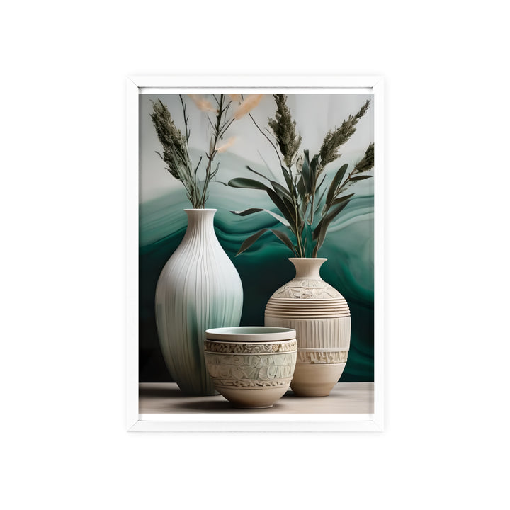 Boho Aesthetic Sage Bowls Poster with Wooden Frame Curated By Artisan & Blooms | Biophilic Design Airbnb Decor Furniture 