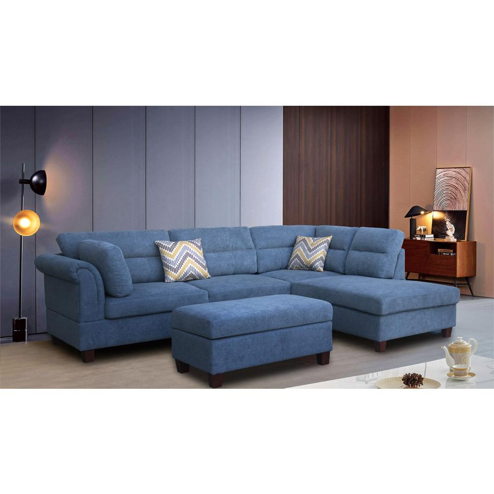Boho Aesthetic Diego Blue Fabric Sectional Sofa with Right Facing Chaise, Storage Ottoman, and 2 Accent Pillows | Biophilic Design Airbnb Decor Furniture 