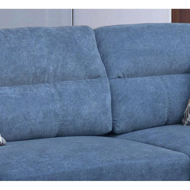Boho Aesthetic Diego Blue Fabric Sectional Sofa with Right Facing Chaise, Storage Ottoman, and 2 Accent Pillows | Biophilic Design Airbnb Decor Furniture 