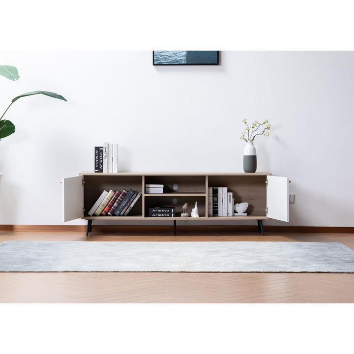 Boho Aesthetic Aurora Light Brown Wood Finish TV Stand with 2 White Cabinets and Modular Shelves | Biophilic Design Airbnb Decor Furniture 