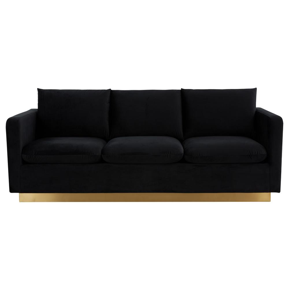 Boho Aesthetic LeisureMod Nervo Modern Mid-Century Upholstered Velvet Sofa with Gold Frame, Midnight Black | Biophilic Design Airbnb Decor Furniture 