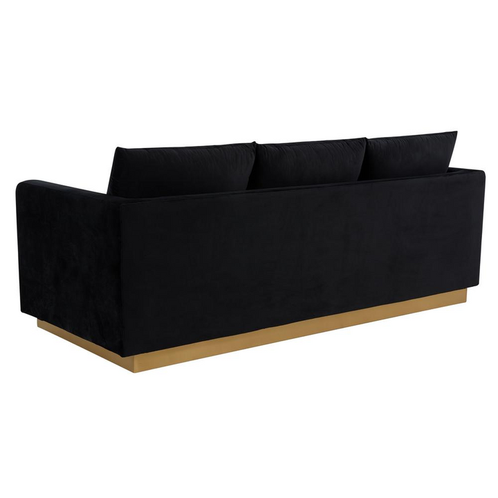 Boho Aesthetic LeisureMod Nervo Modern Mid-Century Upholstered Velvet Sofa with Gold Frame, Midnight Black | Biophilic Design Airbnb Decor Furniture 