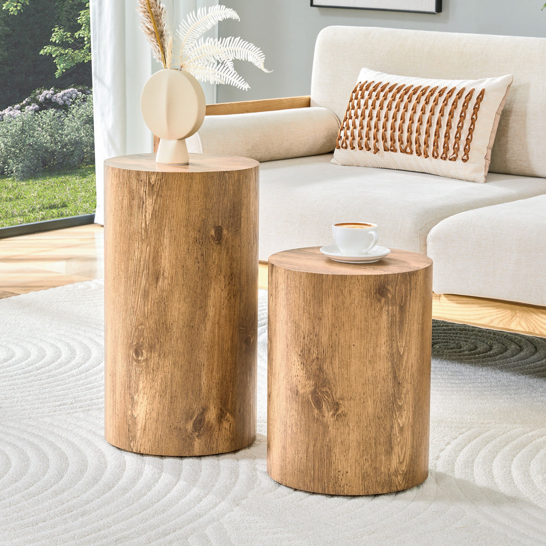 Modern Minimalist Set of Two Wood color Cylinder Marble-Patterned MDF Coffee Tables.The cylindrical table with its patterned design can be easily integrated into a variety of interior styles. - Mediterranean Italian Contemporary Home Decor Furniture