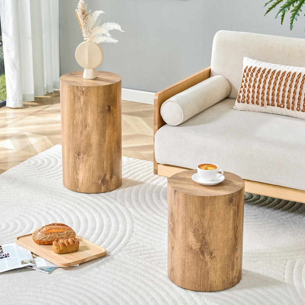 Modern Minimalist Set of Two Wood color Cylinder Marble-Patterned MDF Coffee Tables.The cylindrical table with its patterned design can be easily integrated into a variety of interior styles. - Mediterranean Italian Contemporary Home Decor Furniture