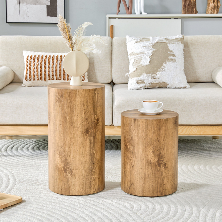 Buy farmhouse furniture Modern Mediterranean Italian Set of Two Wood color Cylinder Side Tables. - Modern Cottage Farmhouse Furniture