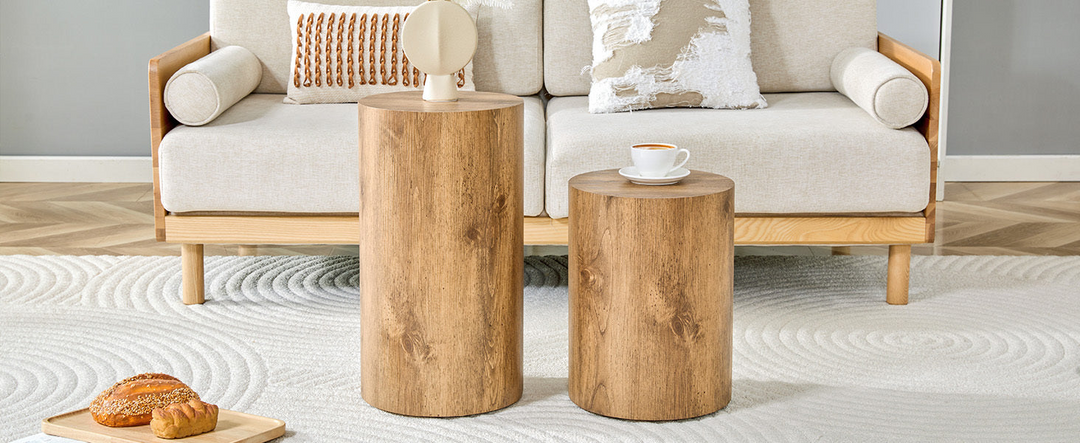 Buy farmhouse furniture Modern Mediterranean Italian Set of Two Wood color Cylinder Side Tables. - Modern Cottage Farmhouse Furniture