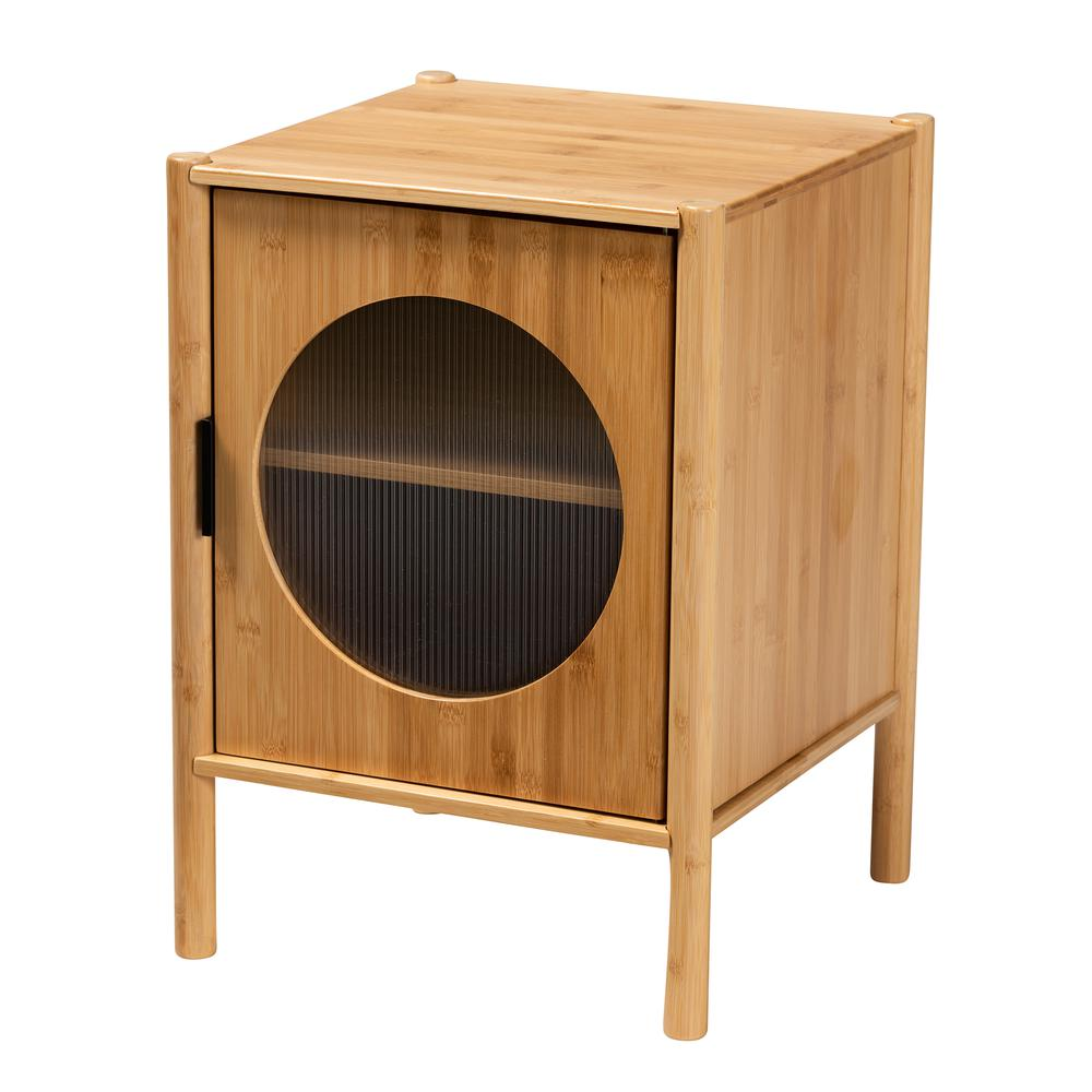 Boho Aesthetic Eco Friendly Natural Brown Bamboo Wood 1-Door End Table | Biophilic Design Airbnb Decor Furniture 
