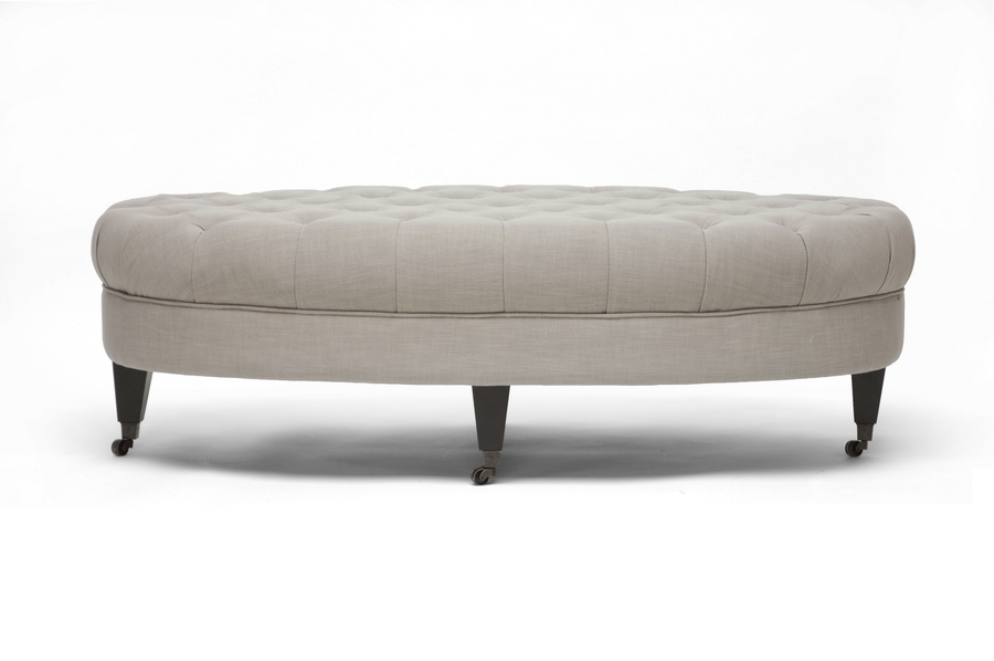 Boho Aesthetic Mid Century Modern Beige Linen Modern Tufted Ottoman | Biophilic Design Airbnb Decor Furniture 