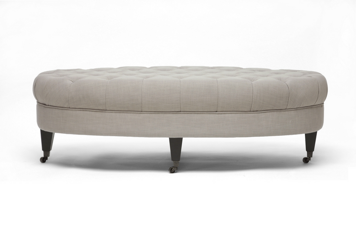 Boho Aesthetic Mid Century Modern Beige Linen Modern Tufted Ottoman | Biophilic Design Airbnb Decor Furniture 