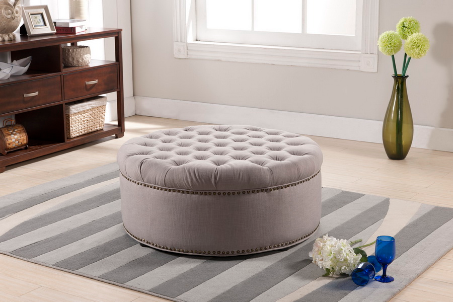 Boho Aesthetic Iglehart Beige Linen Modern Tufted Ottoman | Biophilic Design Airbnb Decor Furniture 