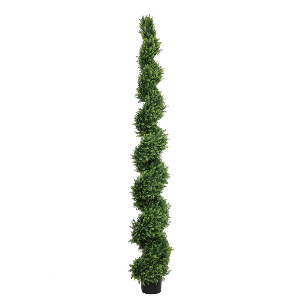 7FT Tall Two Toned Artificial Mediterranean Italian European Cypress Tree in a Black Plastic Pot - Modern Cottage Farmhouse Furniture