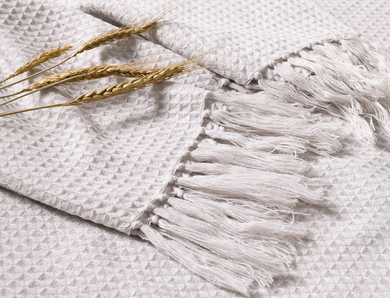 Buy farmhouse furniture Beige Textured Modern Farmhouse Tassel Throw Blanket - Modern Cottage Farmhouse Furniture