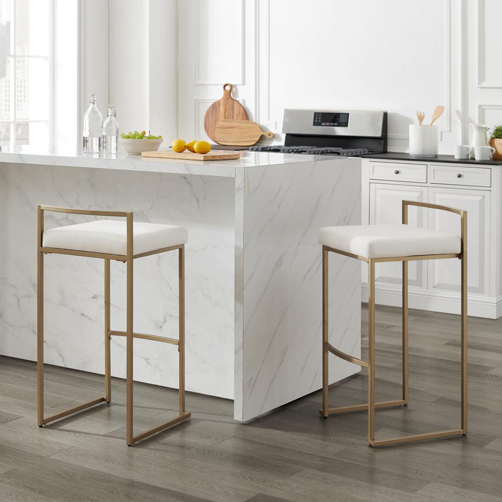 Buy farmhouse furniture The Portofino White Tuscan Leather &amp; Gold Bar Stools – Set of 2 - Modern Cottage Farmhouse Furniture