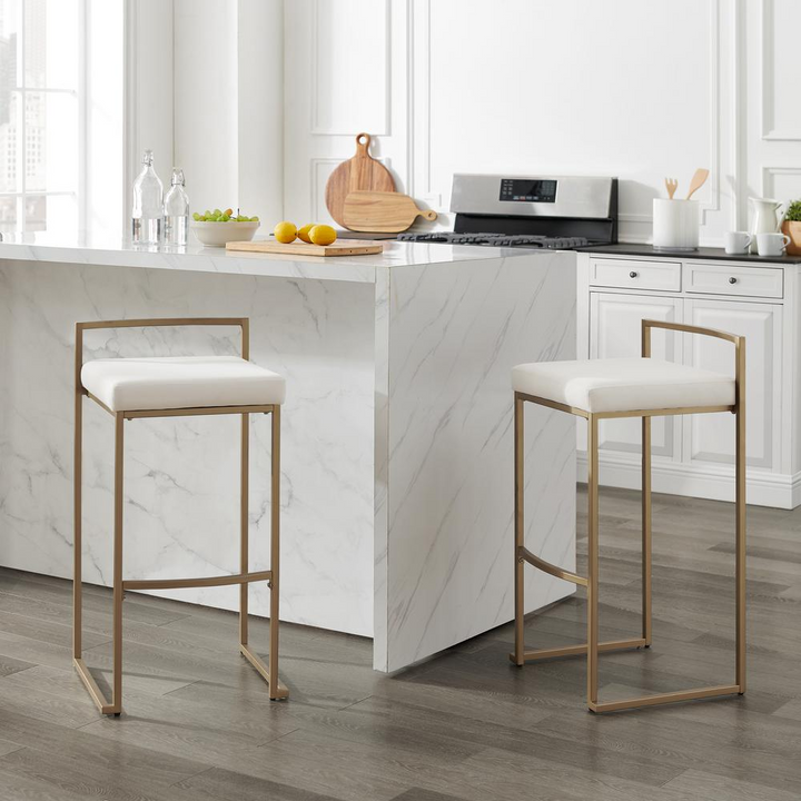Buy farmhouse furniture The Portofino White Tuscan Leather &amp; Gold Bar Stools – Set of 2 - Modern Cottage Farmhouse Furniture