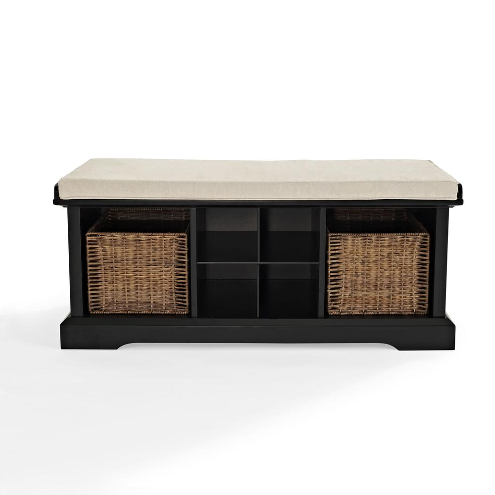 Boho Aesthetic Brennan Storage Upholstered Bench Black/Tan - Bench, 2 Wicker Basekets | Biophilic Design Airbnb Decor Furniture 