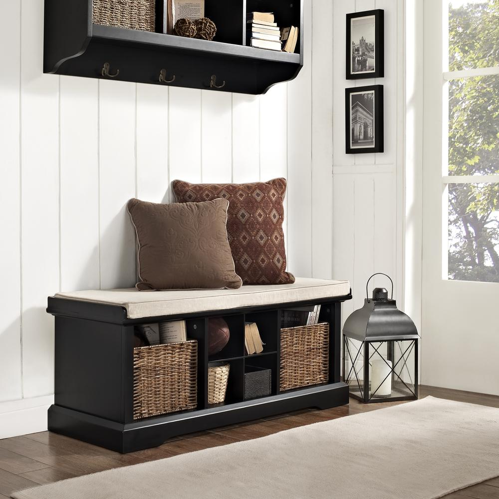 Boho Aesthetic Brennan Storage Upholstered Bench Black/Tan - Bench, 2 Wicker Basekets | Biophilic Design Airbnb Decor Furniture 