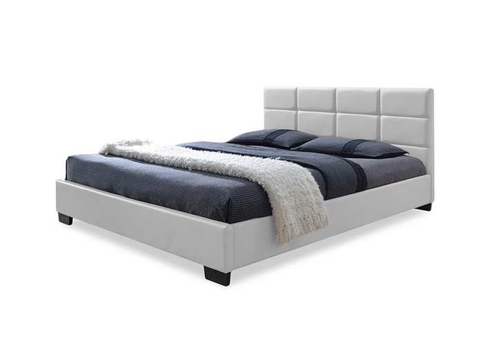 Boho Aesthetic Vivaldi | White Faux Leather Padded Platform Base Queen Size Bed Frame | Biophilic Design Airbnb Decor Furniture 