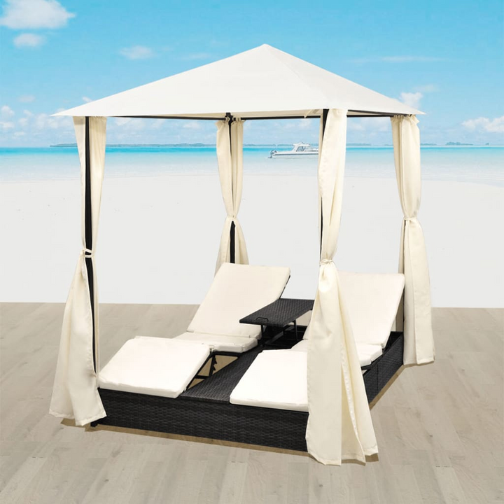 Boho Aesthetic vidaXL Double Sun Lounger with Curtains Poly Rattan Black | Biophilic Design Airbnb Decor Furniture 