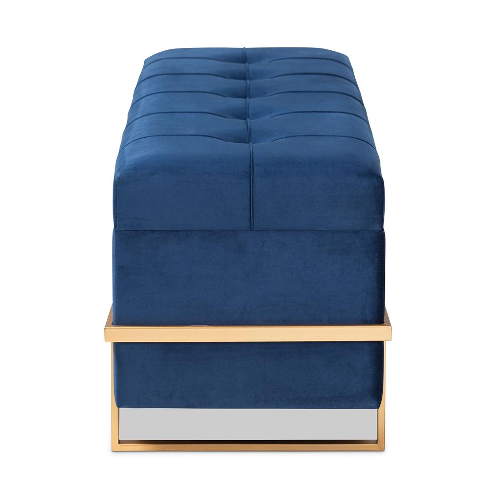 Boho Aesthetic Blue Gold PU Modern Luxury Leather Storage Ottoman Bench | Biophilic Design Airbnb Decor Furniture 