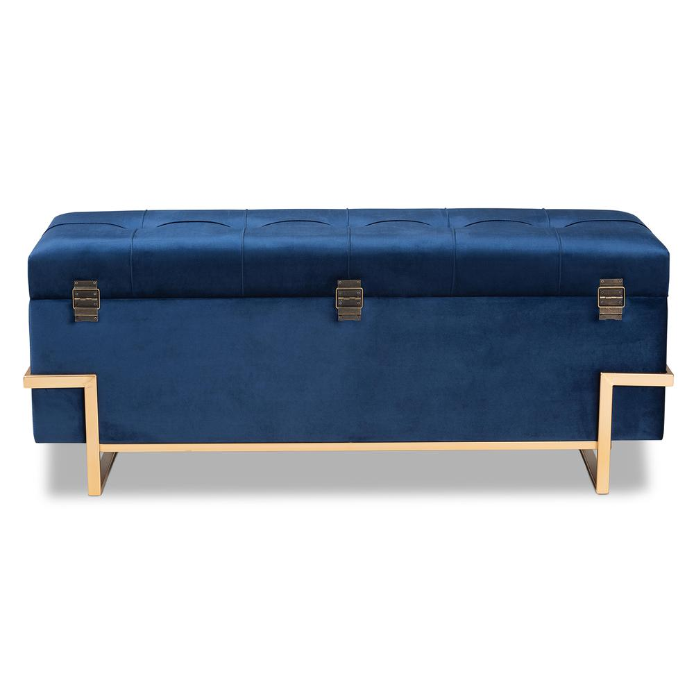 Boho Aesthetic Blue Gold PU Modern Luxury Leather Storage Ottoman Bench | Biophilic Design Airbnb Decor Furniture 