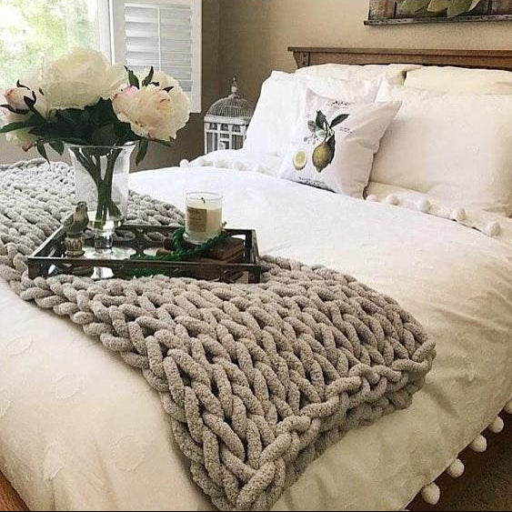 Buy farmhouse furniture Handmade Thick Beige Brown Modern Farmhouse Cottage Throw Blanket - Modern Cottage Farmhouse Furniture