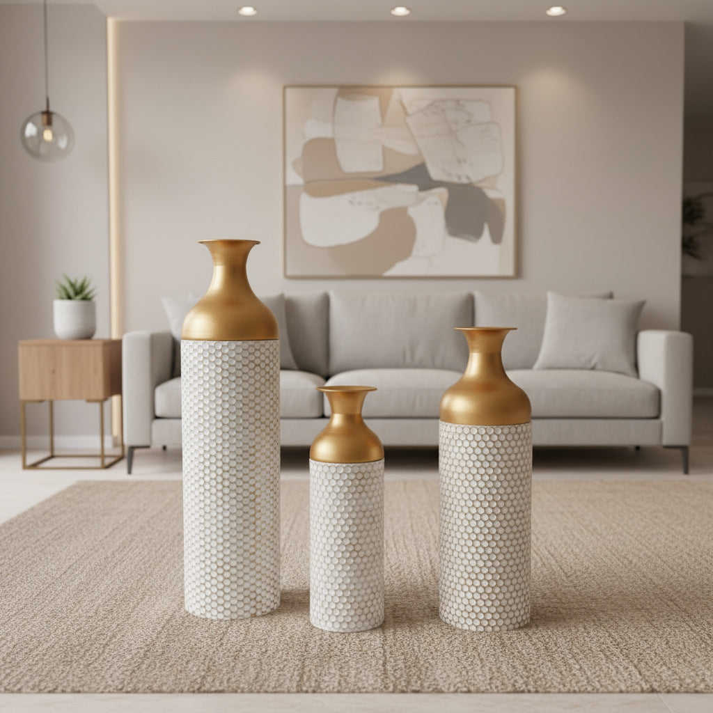 Canne | Mediterranean White and Gold Honeycomb-Textured Wrought Iron Floor Vase - Mediterranean Italian Contemporary Home Decor Furniture